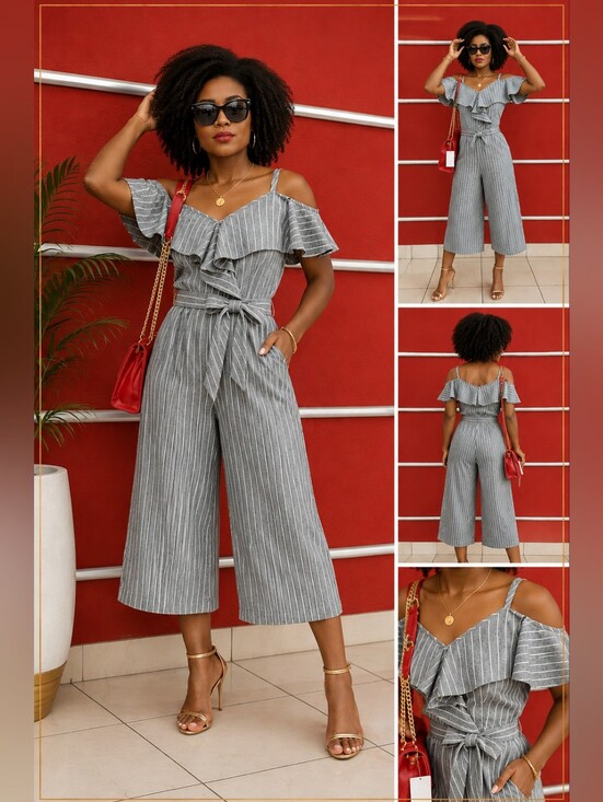 Umgee Pants - UMGEE Gray & White Striped Cold-Shoulder Ruffle Cropped Jumpsuit | Wide-Leg